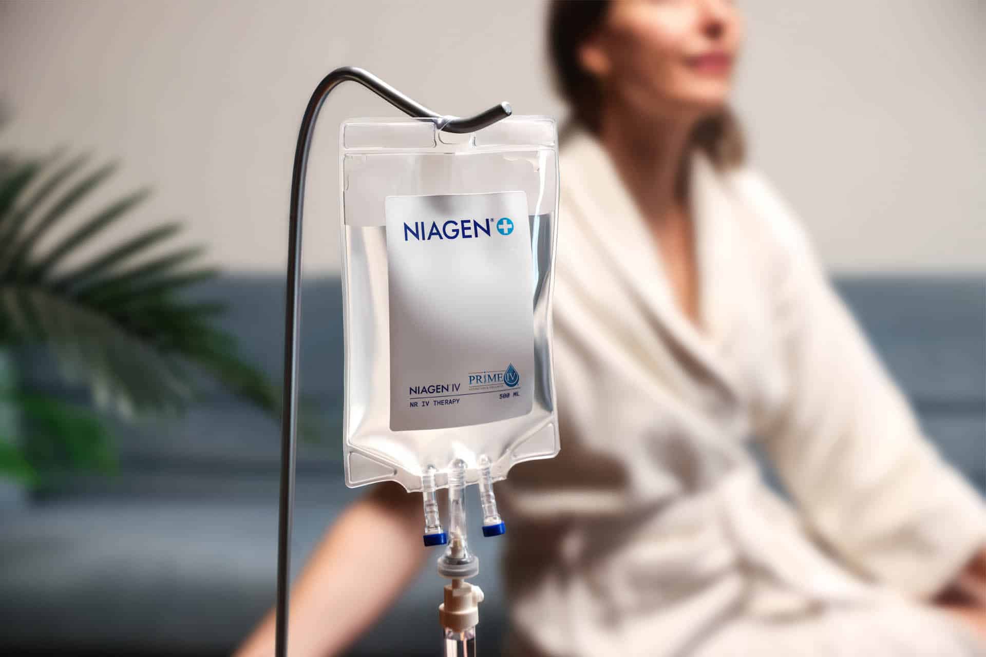Niagen IV bag hanging in the private infusion lounge at iCRYO Boca Raton