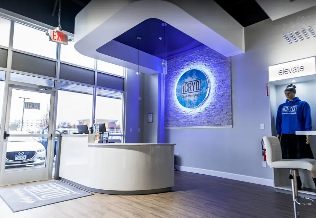 iCRYO Boca Raton interior showing modern reception area with illuminated logo